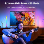 Man playing guitar with headphones in front of a TV displaying an underwater scene, with dynamic light syncs and music modes text above.