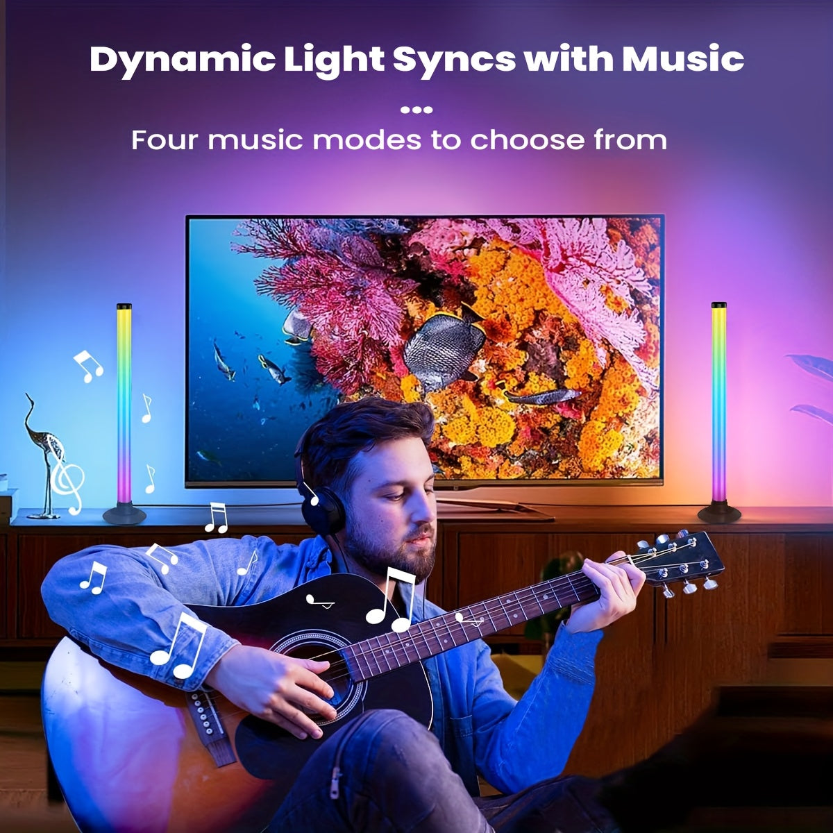 Man playing guitar with headphones in front of a TV displaying an underwater scene, with dynamic light syncs and music modes text above.