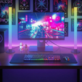Gaming setup with a monitor displaying a futuristic cityscape, keyboard, and mouse on a desk with colorful lighting.