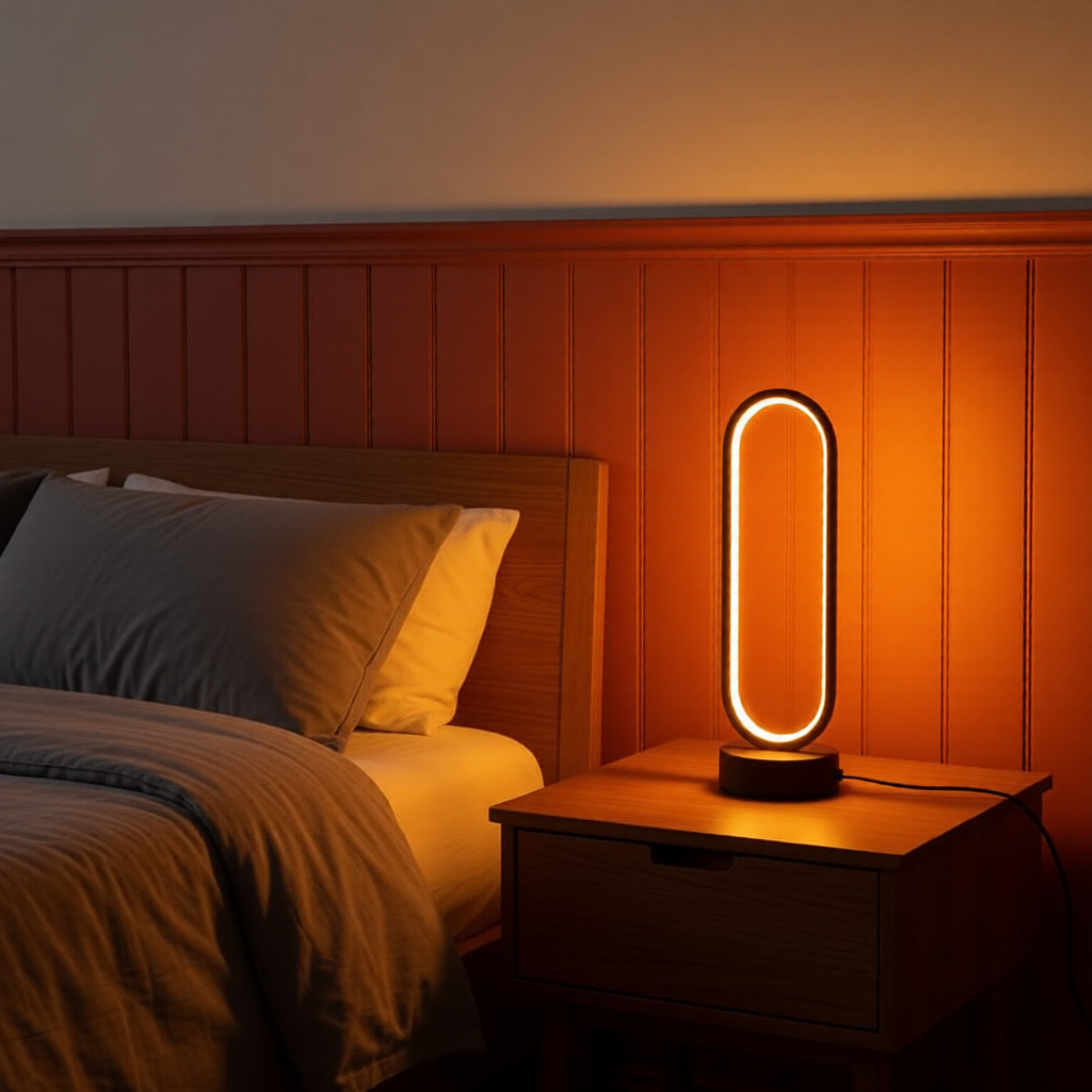 Bedroom with a nightstand lamp casting a warm glow on a bed.