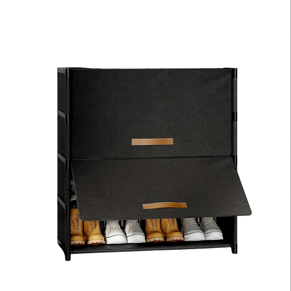 Black shoe storage bench with shoes underneath on a white background