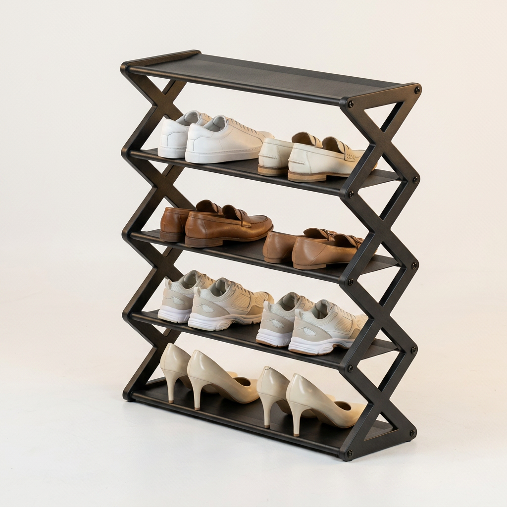 Black zigzag shoe rack with shoes on a white background