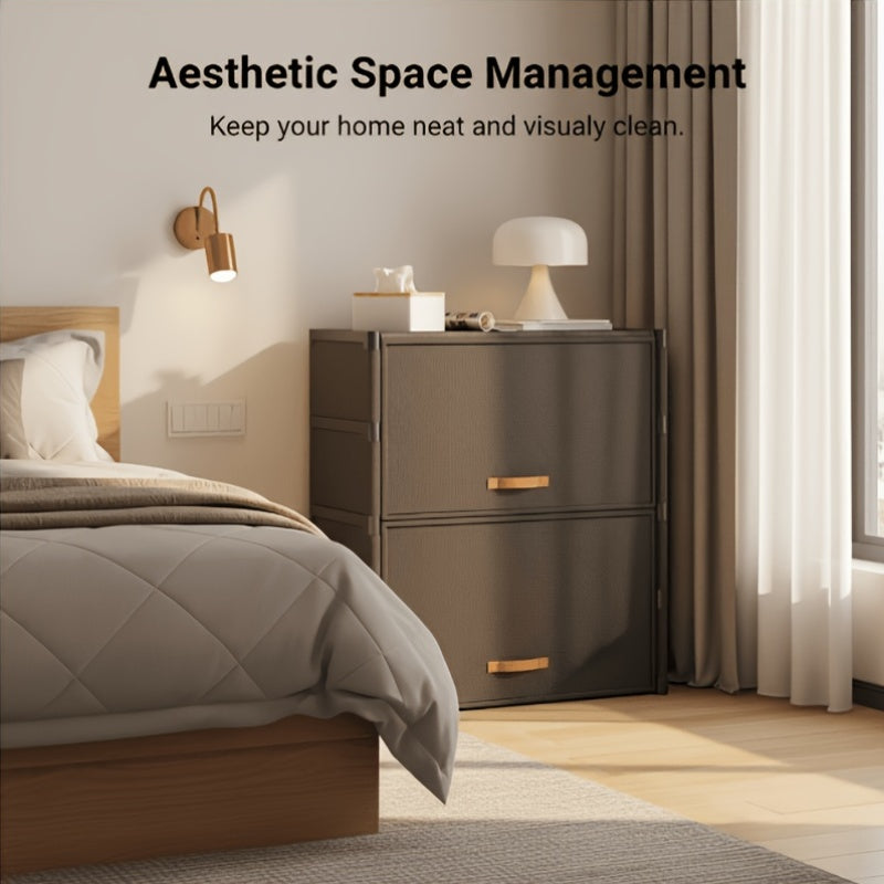 Bedroom with a dresser and bed, featuring text about aesthetic space management.