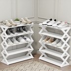 white shoe rack filled with shoes across a cream panelled wall