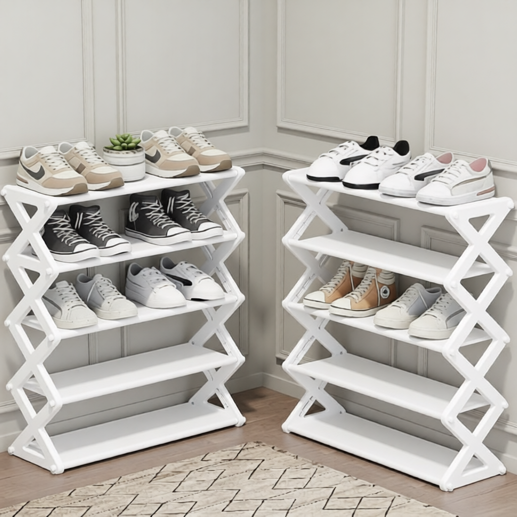 white shoe rack filled with shoes across a cream panelled wall