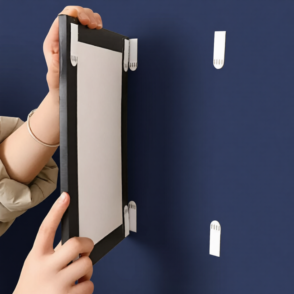 Person holding a black frame with small white hooks against a blue wall.