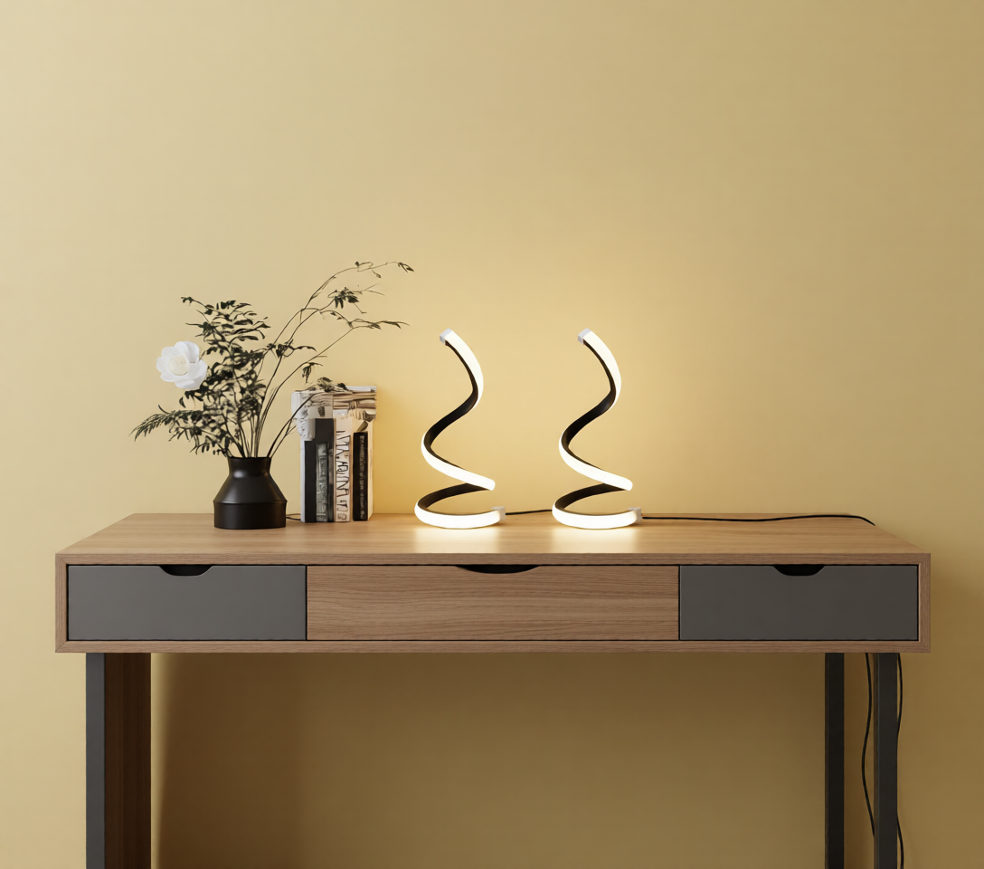 a walnut and gray console table with decor on top including a plant, book and 2 LED lamps