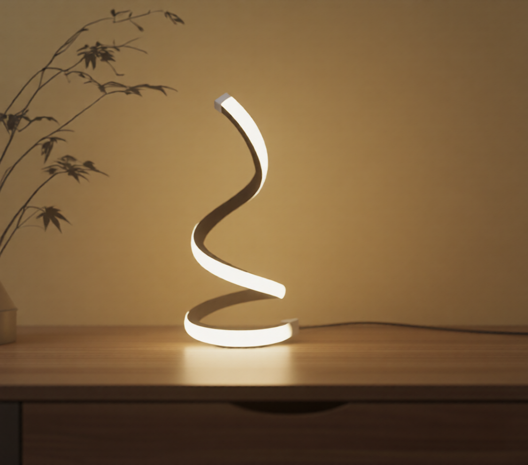 Modern spiral table lamp on a wooden surface with a plant in the background