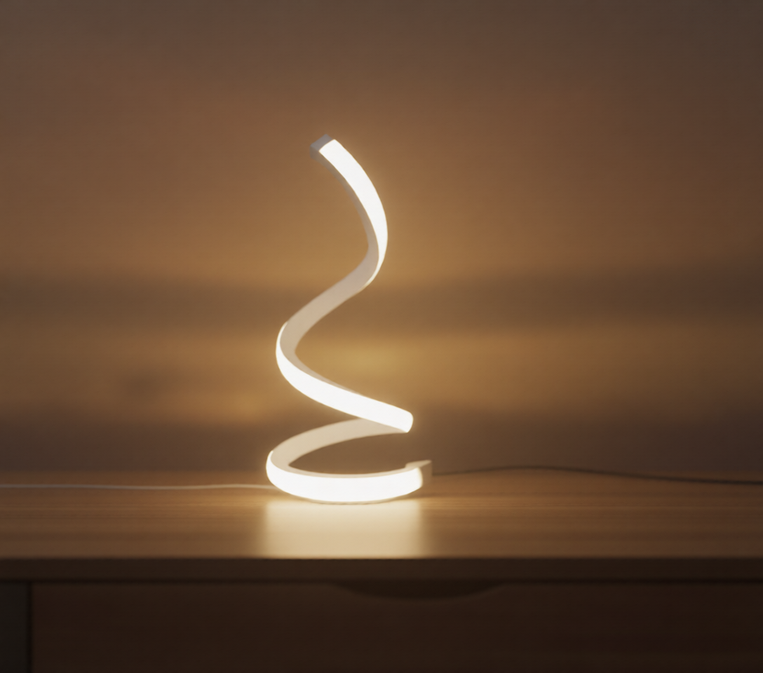 Spiral-shaped lamp on a wooden surface with a warm background