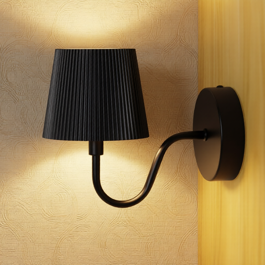 Black wall lamp with pleated shade on a textured wall