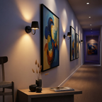 Modern interior with colorful abstract art on a wall, a table with decorative items, and wall lights.