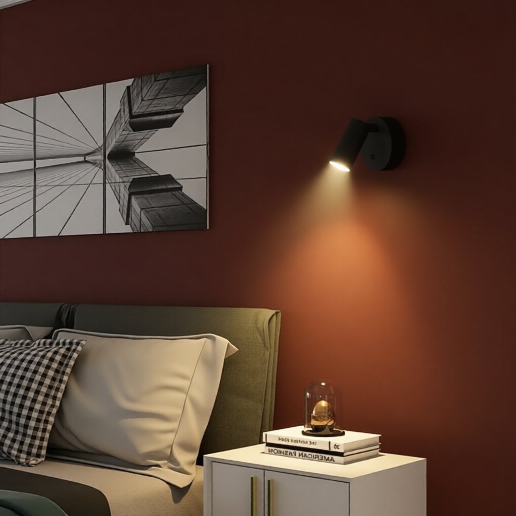 Modern bedroom with a bed, nightstand, wall art, and wall lamp.