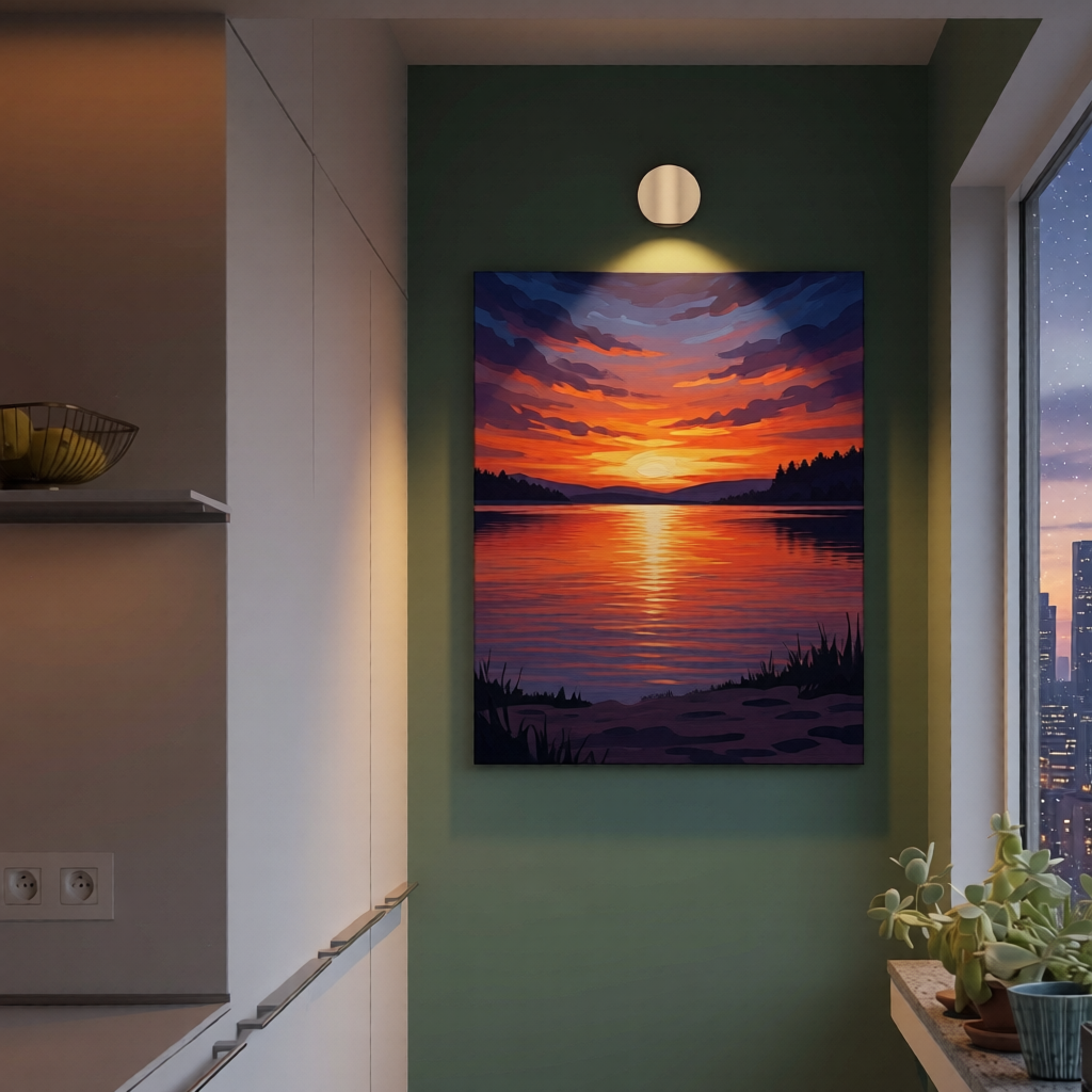 Painting of a sunset over a lake on a wall in a modern interior setting.