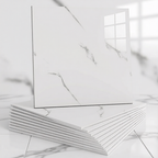 Stack of white ceramic tiles with a marble pattern on a light gray background