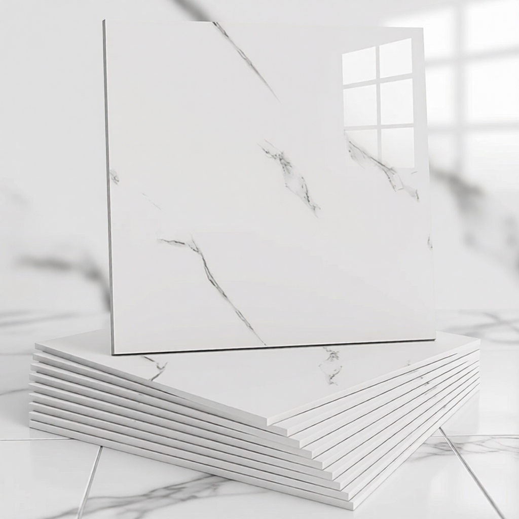 Stack of white ceramic tiles with a marble pattern on a light gray background