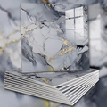 Marble-patterned product on a stand with a blurred marble background