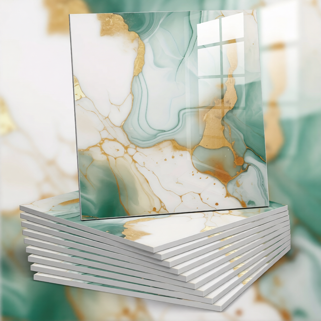 Stack of books with a marble cover design on a blurred marble background