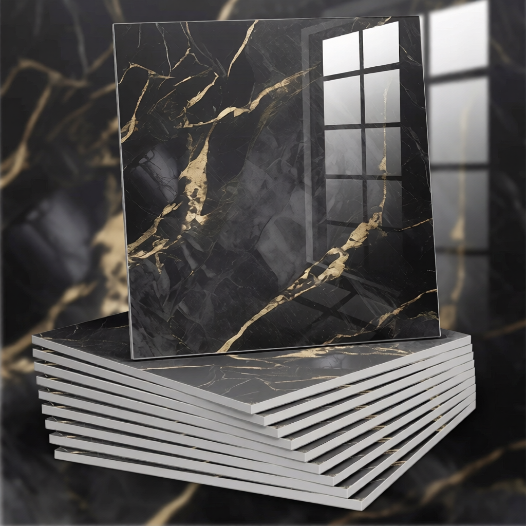 black and gold marble tiles on a black and gold marble background