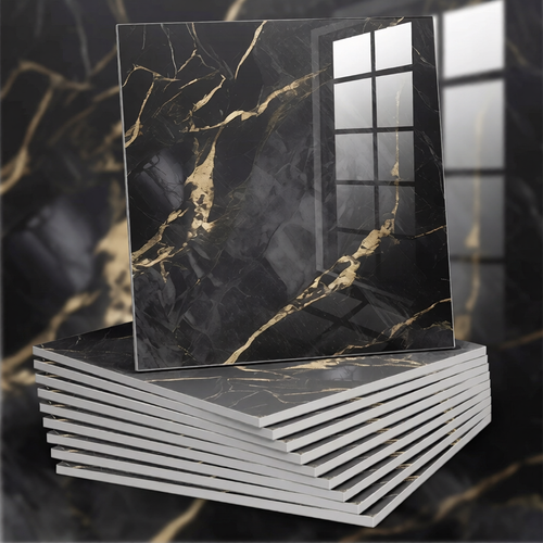 black and gold marble tiles on a black and gold marble background