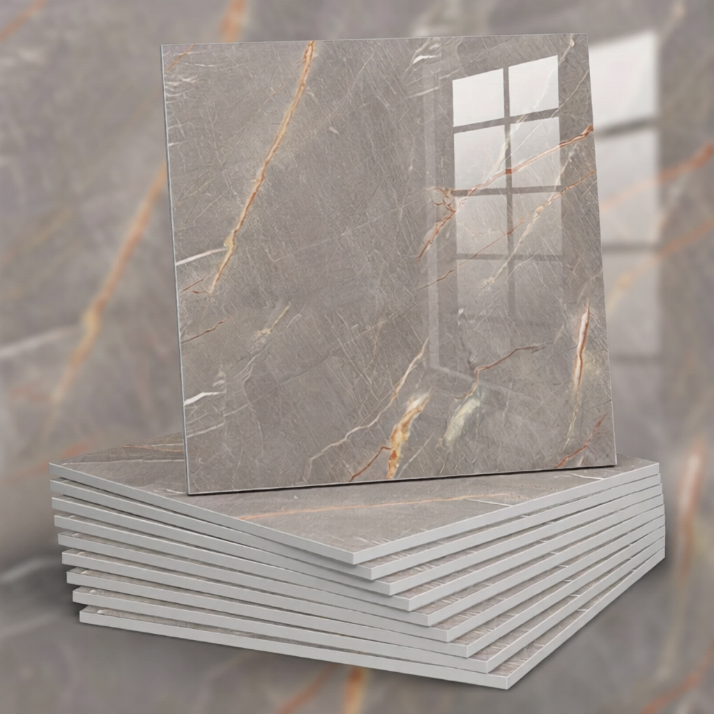 Stack of gray marble tiles with gold veining on a blurred background