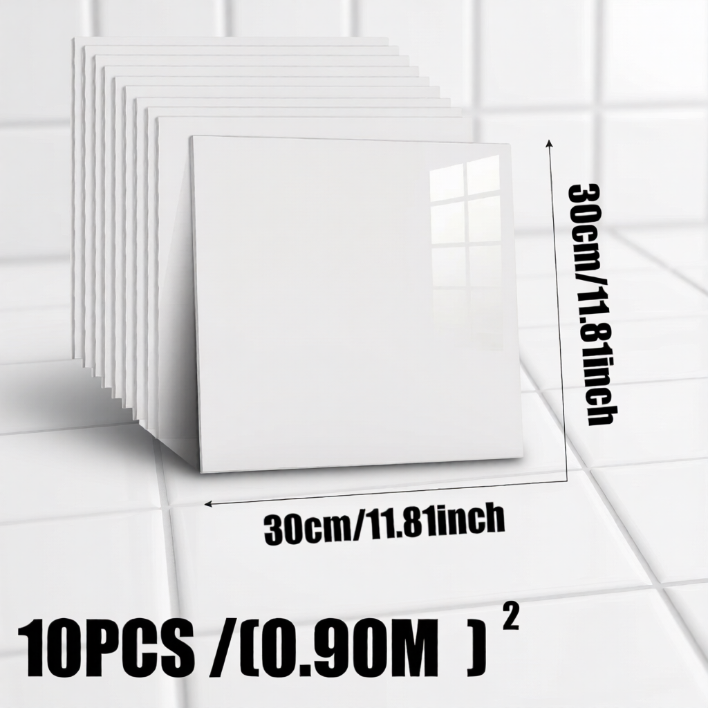 White square tiles with dimensions and quantity information on a tiled floor background