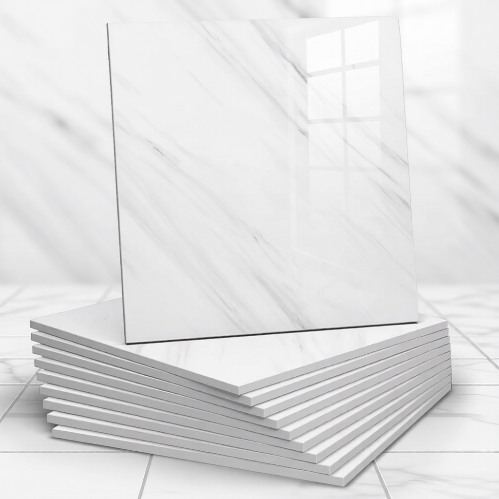 Stack of white sheets on a white surface with a mirror reflecting the room.