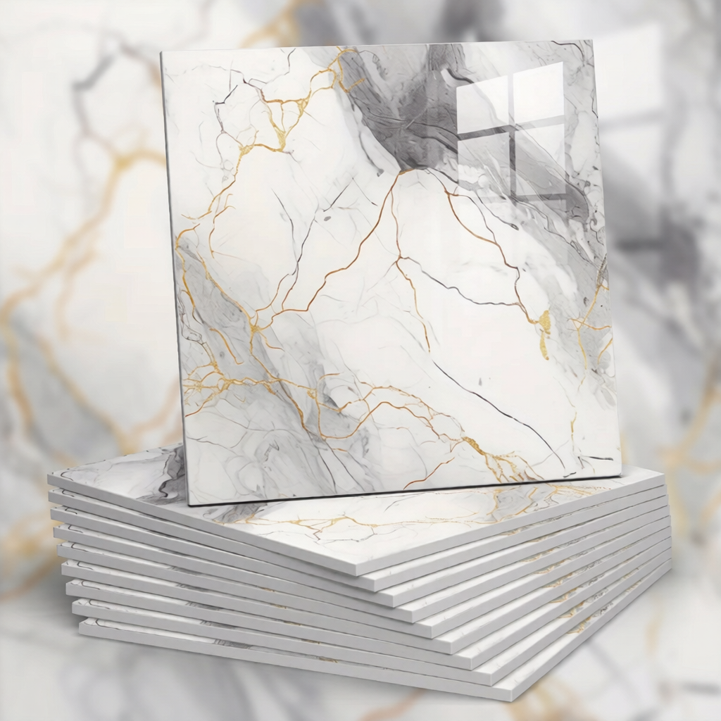 Stack of marble-patterned notebooks with gold accents on a marble surface.