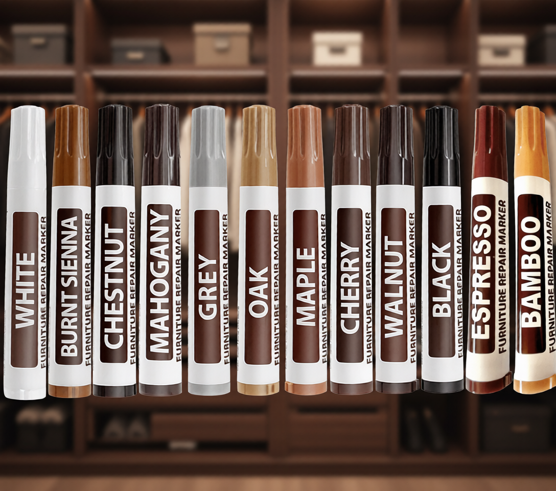 Row of furniture repair markers with various colors against a blurred wooden background